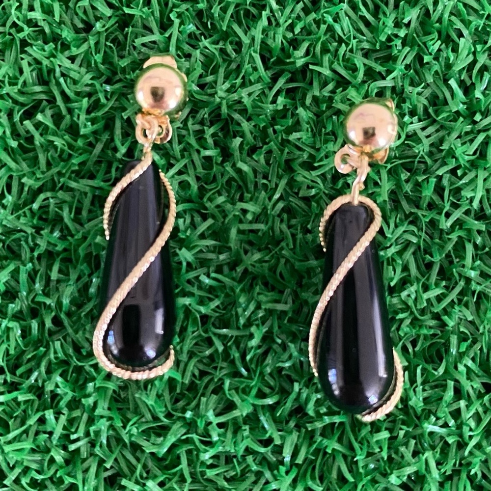 14K Yellow Gold 1” Onyx Dangle Gold Wire Twist Drop Earrings Vintage Unique - Picture 3 of 8